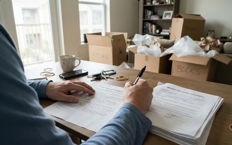 A renter reviewing a lease termination clause and packing boxes in a Houston apartment