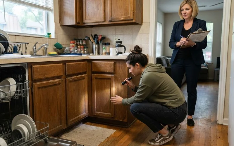 A renter checking under a kitchen sink and along baseboards for signs of pests during an apartment tour in Houston