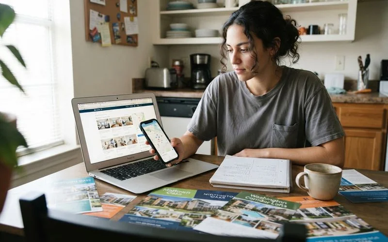 A renter comparing apartment listings on a laptop next to a notepad with a Houston neighborhood map