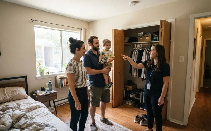 A family touring a garden-style apartment complex in Houston with a young child, checking the courtyard and playground area