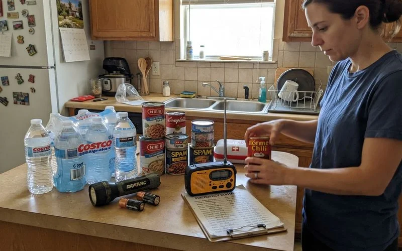 A hurricane preparedness kit with water, flashlight, batteries, and important documents laid out on a table in a Houston apartment