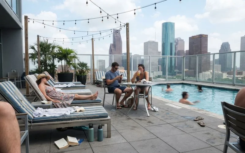 Floor-to-ceiling windows and a rooftop pool deck at a luxury high-rise apartment building in Houston