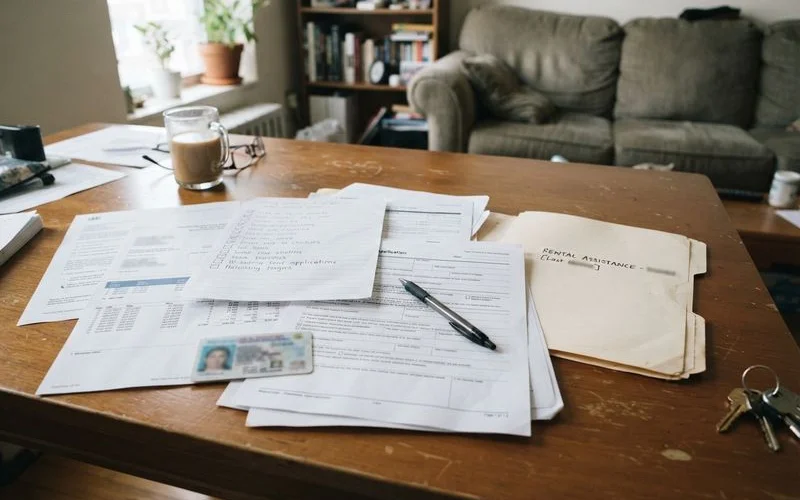 A renter reviewing rental assistance program paperwork and a checklist of required documents at home in Houston