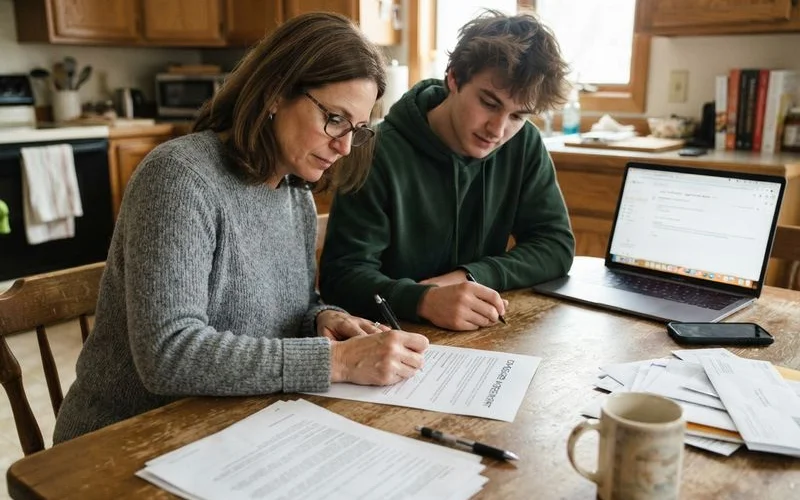 A student and a parent reviewing a lease cosigner agreement together at a table before signing an apartment lease in Houston