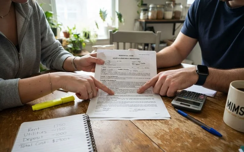 A renter reviewing a Houston apartment lease and fee breakdown at a kitchen table with a laptop and paperwork