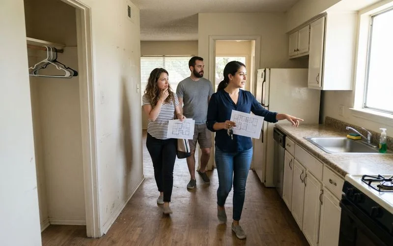 A renter walking through a model apartment unit in Houston, checking the kitchen and windows during a leasing tour