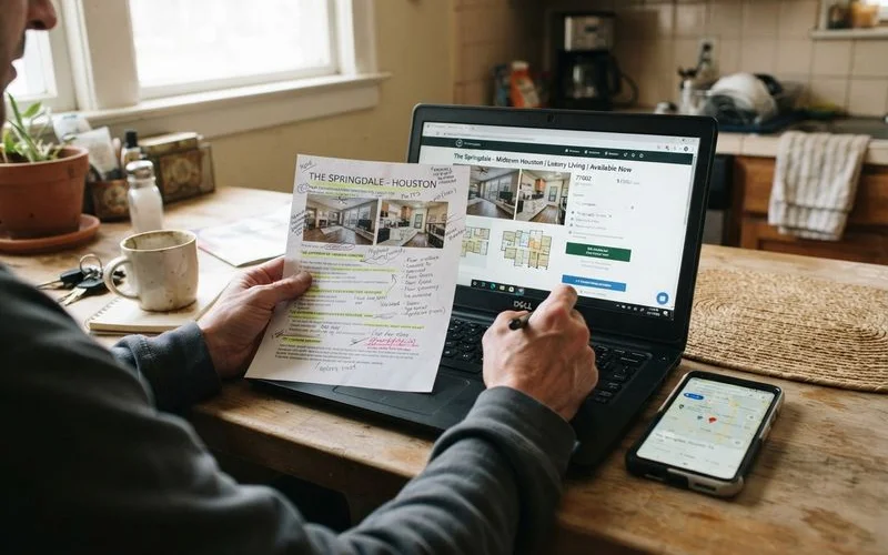 A person checking a rental listing on a phone against a printed lease and address verification before paying any fee